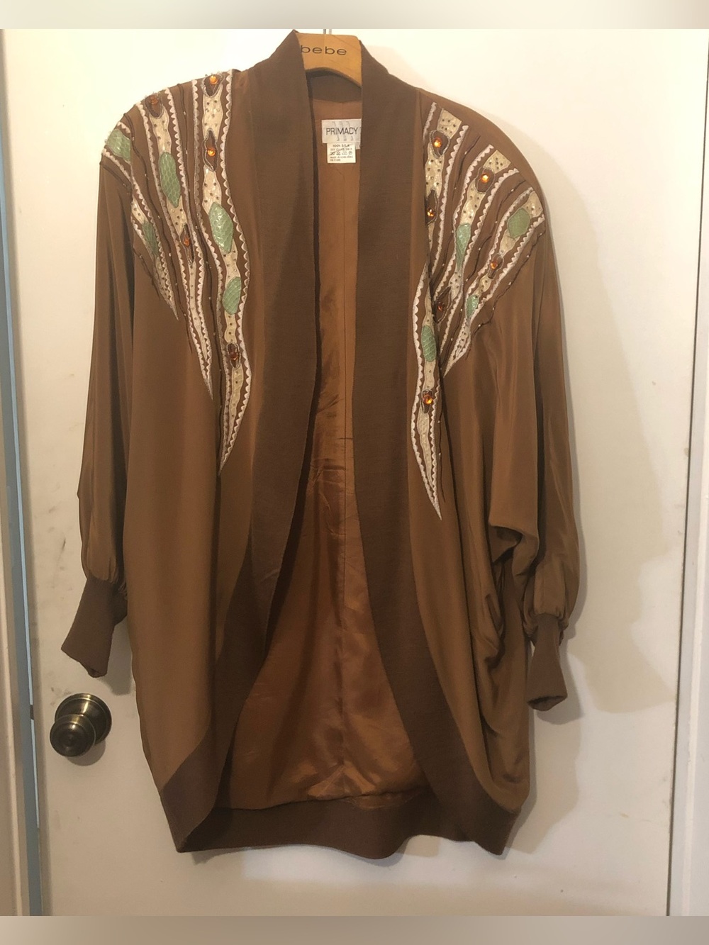 Vintage Primacy II Silk Open Cardigan With Funky Leaf Design & Gems